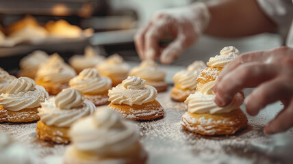 Person preparing cream puffs in a bakery