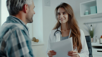Fototapeta premium A female doctor in white coats and stethoscope is talking to a patient in an examination room. The happy white doctor informs a good news about test result to a happy man.