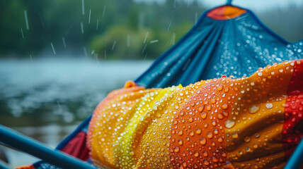 Close-up of a rain-soaked hammock.