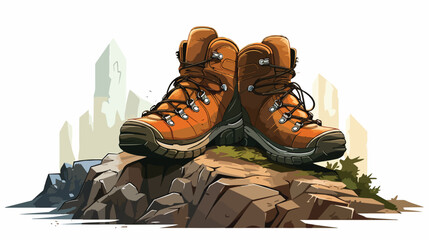 A pair of scuffed hiking boots resting on a rocky  - obrazy, fototapety, plakaty