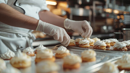 Obraz na płótnie Canvas Chef decorating cupcakes in a kitchen