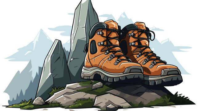 A pair of scuffed hiking boots resting on a rocky 