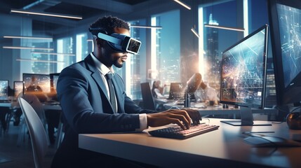 A man is seated at a table, wearing a virtual reality headset and working on a laptop.