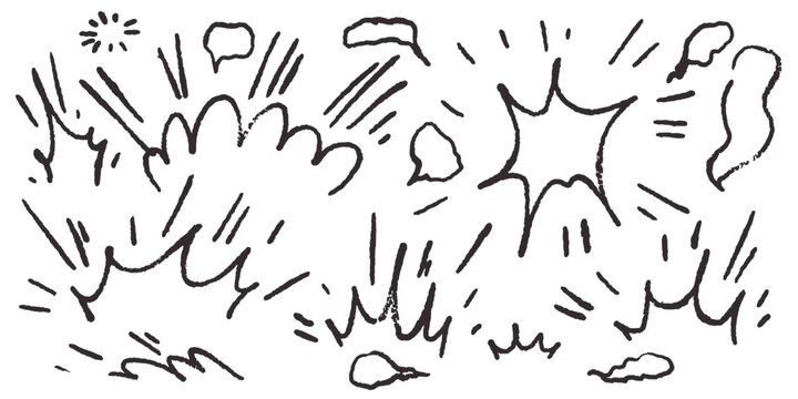 Cartoon doodle style bomb explosion. Hand drawn comic boom bang drawing in naive outline style with wax crayon, brush stroke sound effect. Vector illustration of dust explosion clouds.