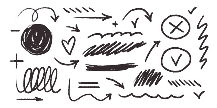 Chalk scribble doodle arrow, line elements set. Crayon arrow, underline, handwritten mark check. Rough hand drawn marker sketch with brush grunge texture. Vector illustration of kids pencil drawing.