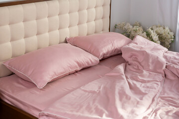 pale pink satin bed linen and pillows morning messy - 756426661
