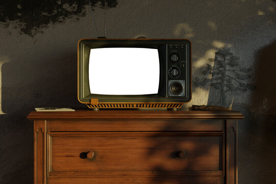 Old television with isolated PNG screen in front of oil-painted mural. 3D Rendering