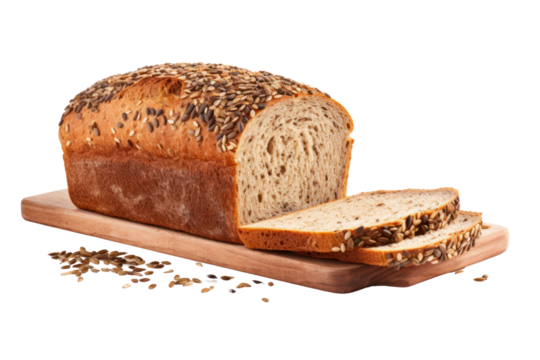 Wholegrain bread stuffed with wholegrain filling Cut into thick pieces. Sprinkle with chia seeds. Isolated on a transparent background.