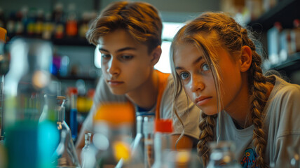 Two teens in a chemistry lab.