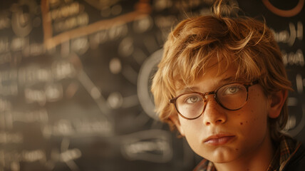 Teen boy with glasses in front of chalkboard
