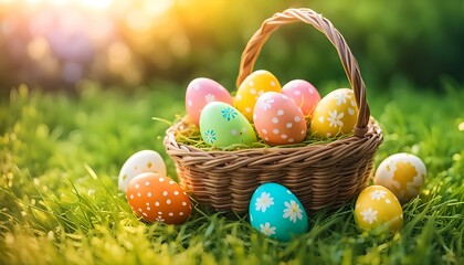 Colorful spring holiday easter eggs in a basket over the grass at sunser. Banner with copy space.