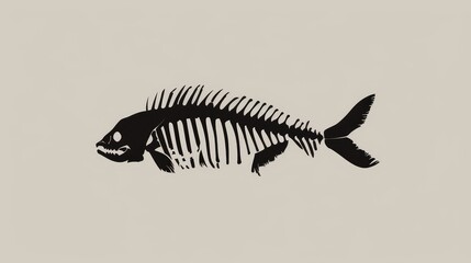 Drawing of a fish skeleton on a gray background. Fish skeleton. Fish bones