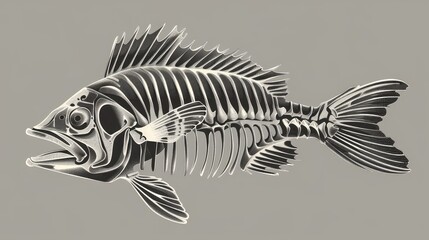 Drawing of a fish skeleton on a gray background. Fish skeleton. Fish bones - obrazy, fototapety, plakaty