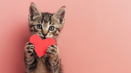 Kitten with red heart on pink background, free space for text