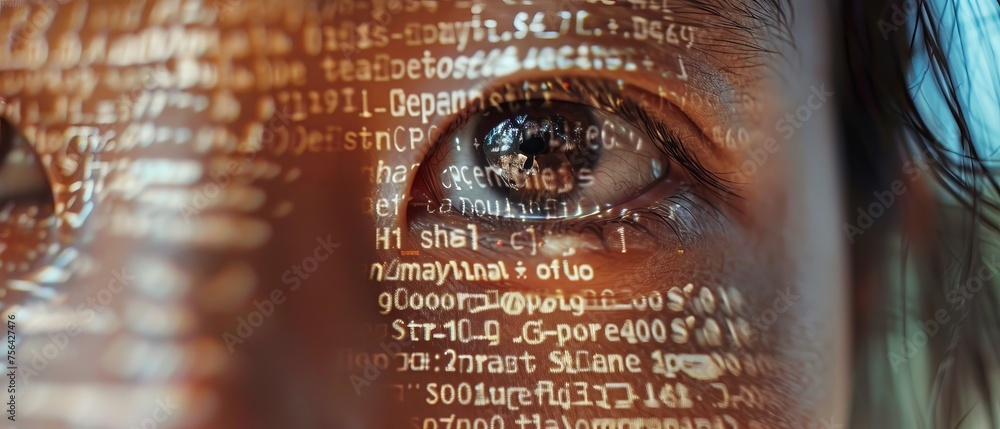 Leinwandbilder Digital Entrepreneur with line of code projected on her face reflecting her work. Software Developer working on AI and Big Data e-Commerce App.