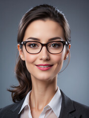 Obraz premium A woman with glasses is wearing a white shirt and dark blazer
