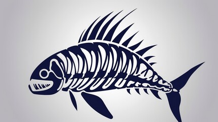 Drawing of a fish skeleton on a gray background. Fish skeleton. Fish bones