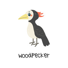 Children's illustration, cute woodpecker, with inscription. vector illustration for teaching children, t-shirt