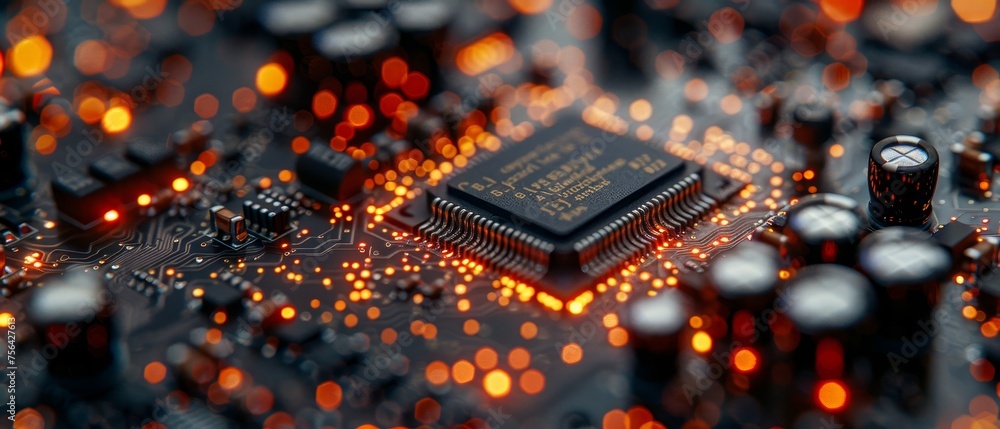 Poster hardware electronic development concept. including circuit boards, motherboards, processors, memory 