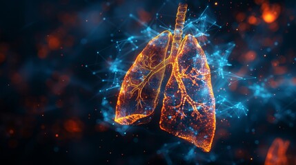 Medications for lung diseases. Polygonal wireframe composition. Abstract illustration isolated on dark background. Particles are arranged geometrically. - obrazy, fototapety, plakaty