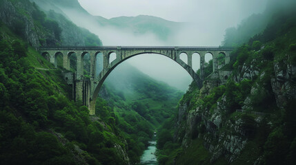 Green foggy mountains, river, very high arch retro bridge. Architecture and nature. Mystery landscape. Generative AI