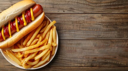 Top view of traditional hot dogs and french fries on wooden table with copy space