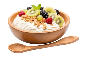 Yogurt bowl with granola, Greek yogurt and fruit served with a wooden spoon , Isolated on a transparent background.