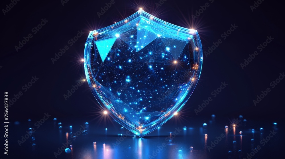 Poster An abstract glowing bubble shield on a blue background. An abstract geometric dome in the form of an energy shield. A cover concept inspired by technological game designs.