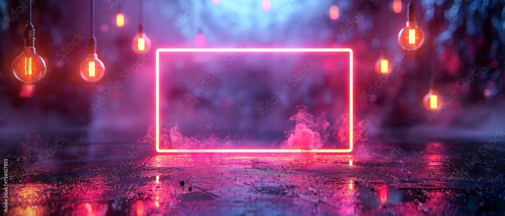 Fototapete The background of this object consists of a red, blue neon lamp with a rectangle-shaped neon glass frame in dark cyberspace. Abstract tech square border or frame in modern technology style.