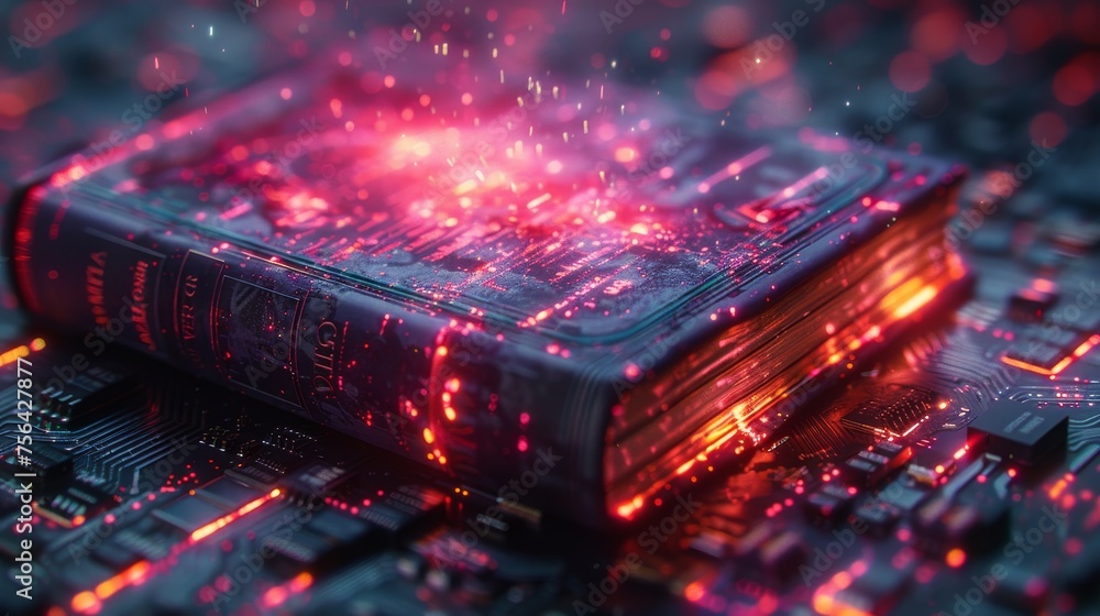 Poster neon modern illustration of a hologram of a book with a luminous effect on the circuit board. digita