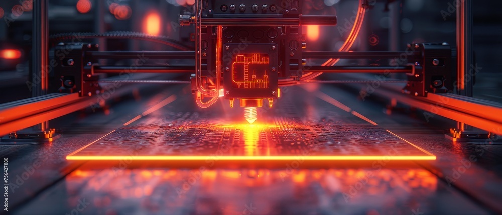 Poster in this 3d printing banner, an icon of a 3d printer in a technology neon frame in a modern technolog