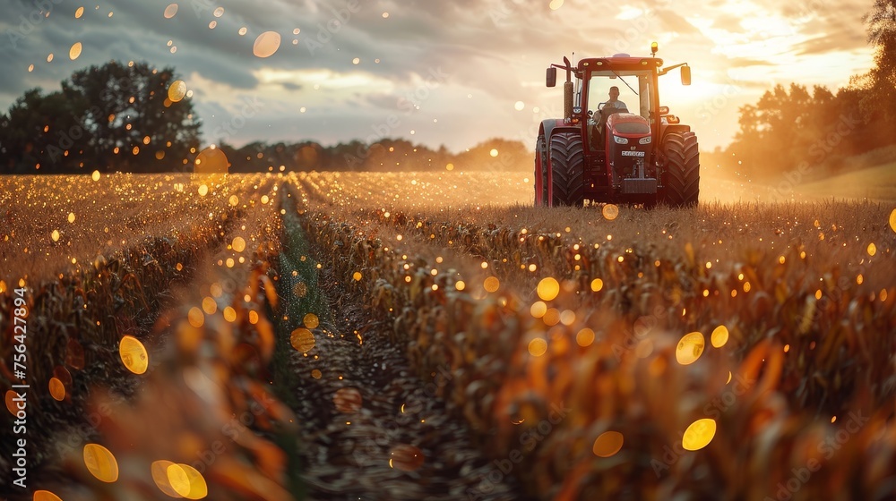 Poster using 5g autonomous tractor in corn field, concept of farming using smart agriculture technology