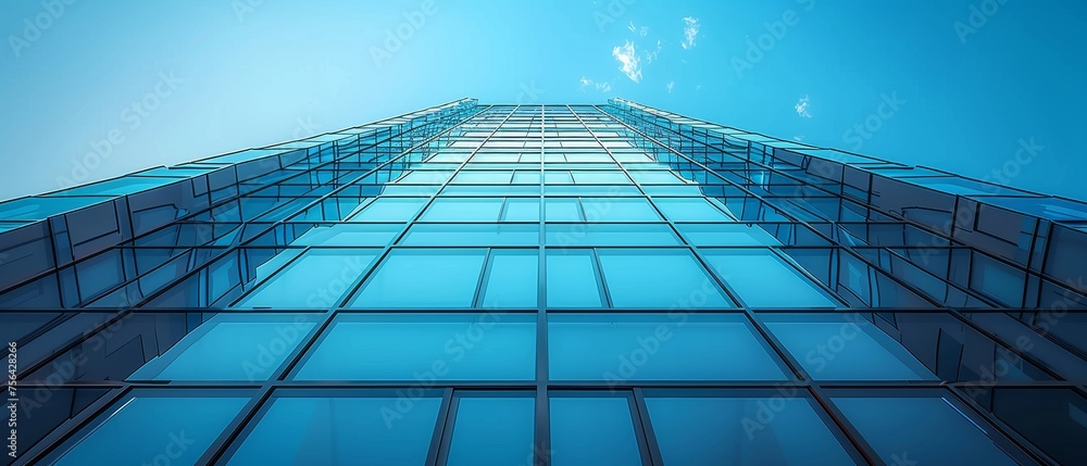 Fototapete highrise curve glass building and dark steel window system set against a blue clear sky background, Business concept of future architecture, look up to the corner building angle...