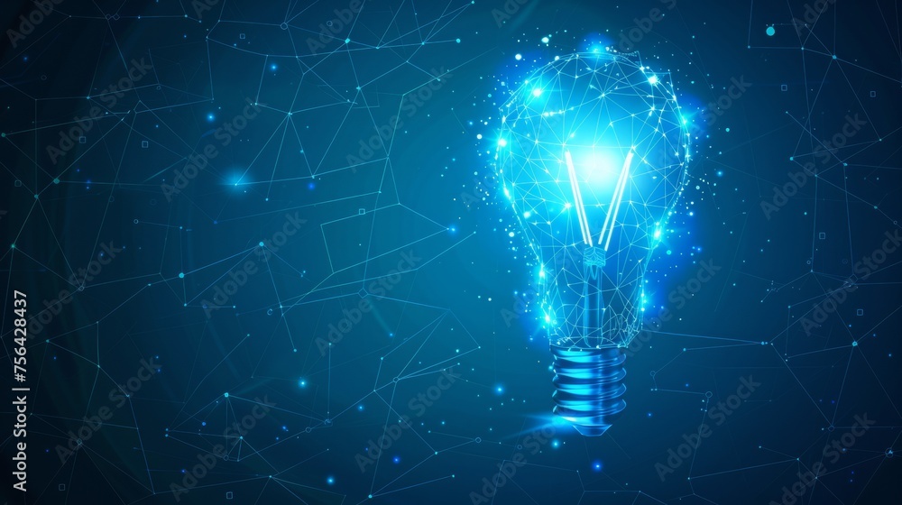 Aufkleber Low poly design of an abstract blue light bulb over an abstract geometric background. Wireframe light connection structure. Modern graphic concept in 3D. Isolated  illustration.