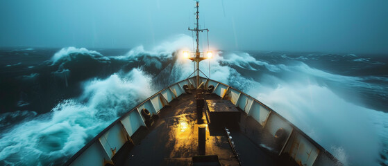 A ship's bow cutting through tumultuous ocean waves with stormy weather.