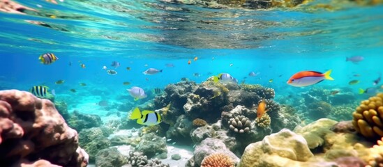 Tropical seawater fish and coral reef. colorful wild fish natural landscape snorkeling