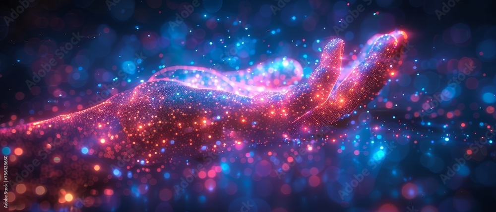 Fototapete hand holding a phone. abstract low-poly technology illustration. starry sky and cosmos style in blue