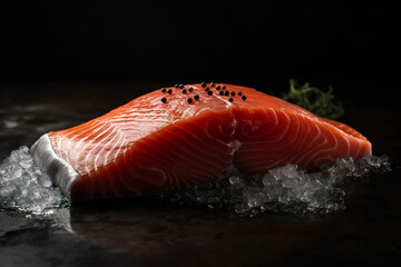 A succulent salmon fillet, adorned with herbs, poised on a dark surface
