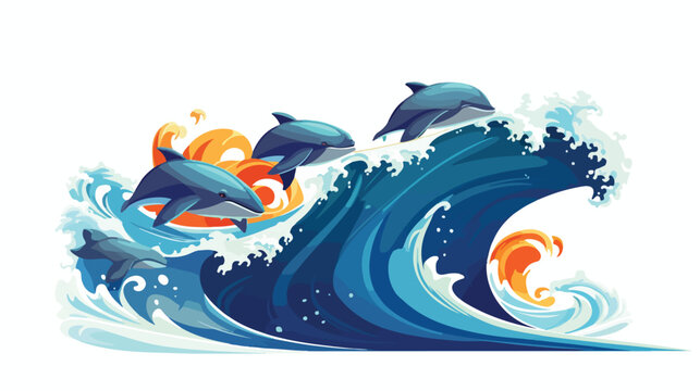 A playful group of dolphins riding the waves create