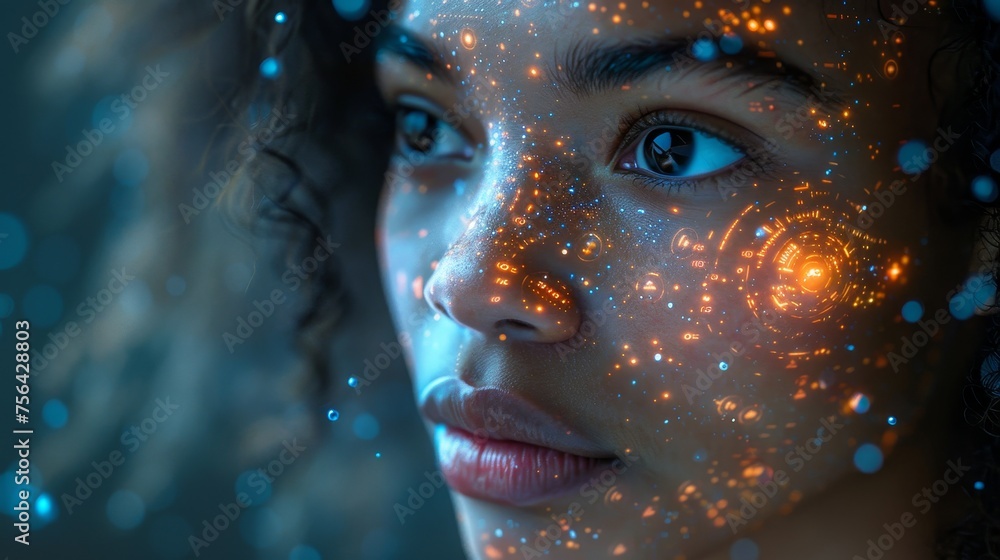 Poster a young black woman operates holographic screens while interacting with a global communication netwo