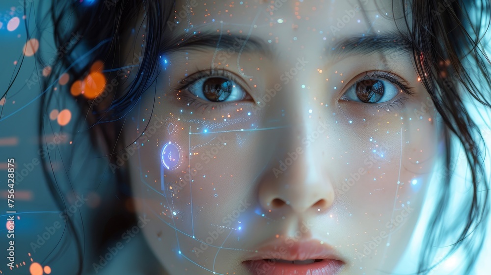 Poster network concept. asian woman in the office using a gui (graphical user interface).