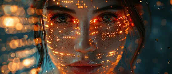 The head of an artificial intelligence appears as an anthropomorphic woman working with matrix data on a virtual interface. The face is actually the head of the artificial intelligence and it is - obrazy, fototapety, plakaty