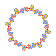 Abstract round frame border of painted Easter Eggs and flowering twigs. Copy space. Easter greetings