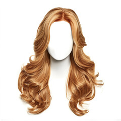 A mannequin head displays a long blonde hair wig, showcasing the style and length of the hairpiece, a mannequin head adorned with a long, wavy, golden-brown wig against a white background