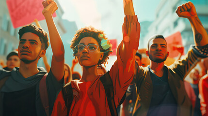 Marching for Rights: Uniting with Raised Fists in Protest. - obrazy, fototapety, plakaty