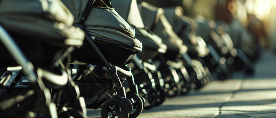 A lineup of modern strollers basking in the golden hour light.