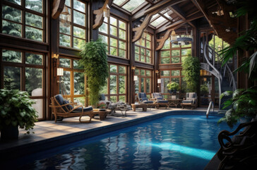 Modern interior of luxury private house. Swimming pull in cottage. Glass wall. - obrazy, fototapety, plakaty