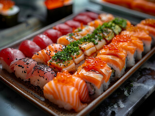 Sushi mixed plate with urumaki, nighiri with salmon and tuna
