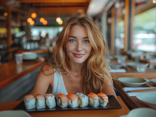 Woman eating sushi smiling in japanese restaurant