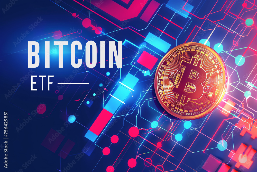 Poster digital representation of a bitcoin etf concept with circuit background